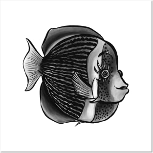 Cute Fish With Eyelashes Black And White Digital Ink Posters and Art